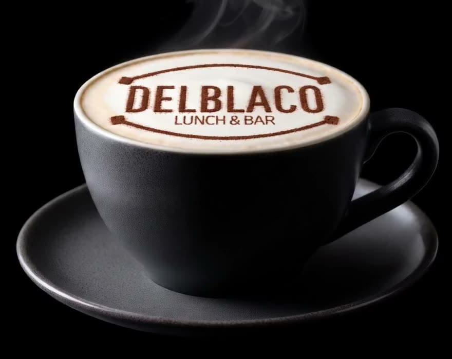 Cappuccino con il logo Delblaco sulla schiuma